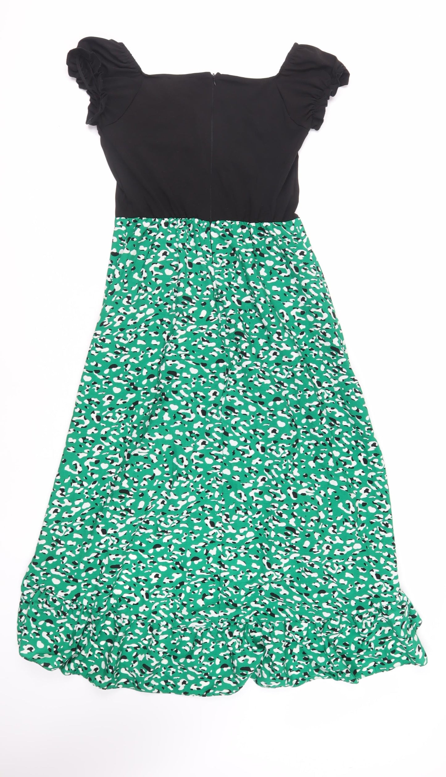 AX Paris Womens Green Animal Print Polyester Fit & Flare Size 10 Boat Neck Zip - Ruffle