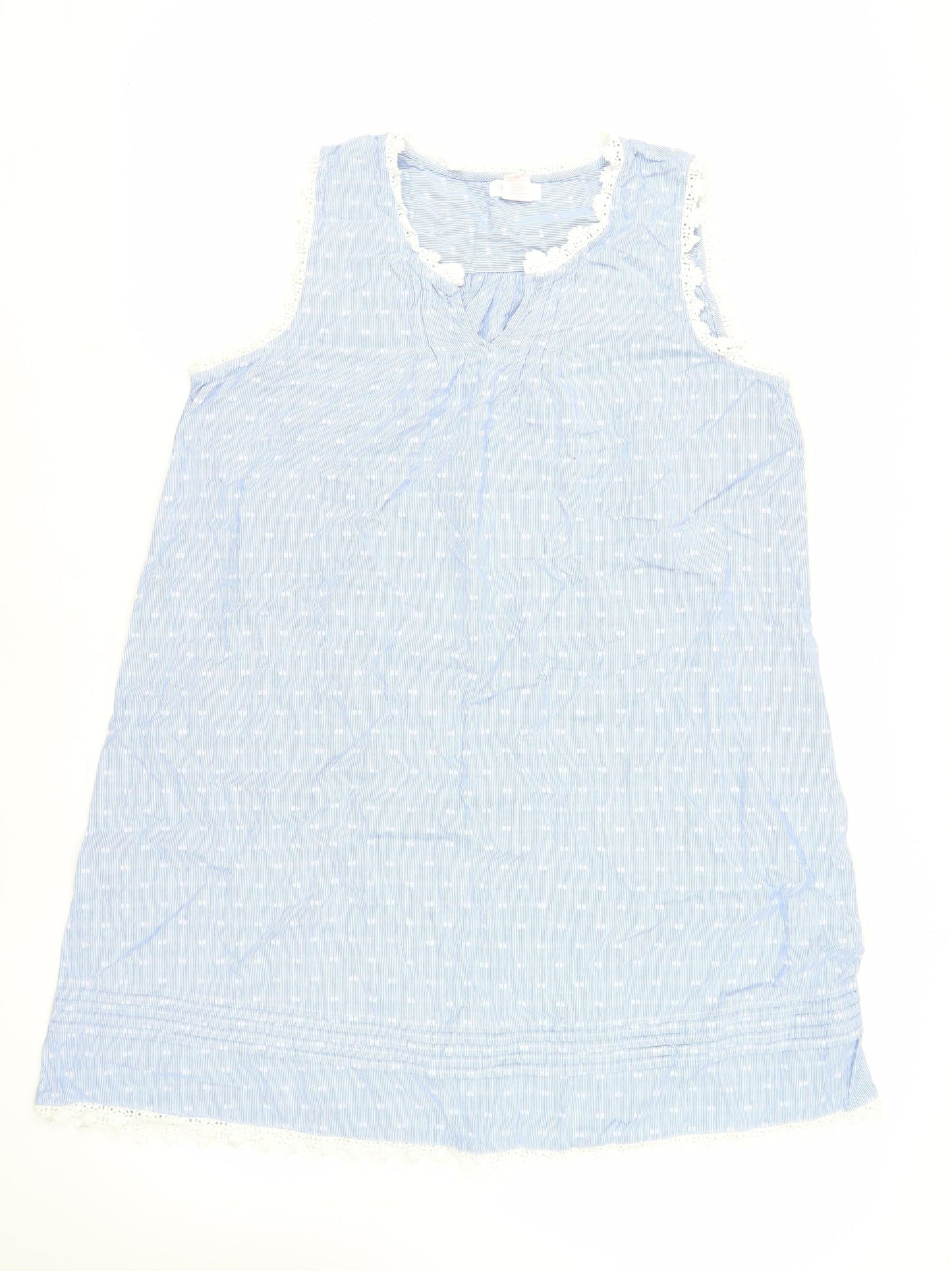 Shabby Chic Womens Blue Geometric Cotton Shift Size L V-Neck Pullover - Crocheted Lace Detail