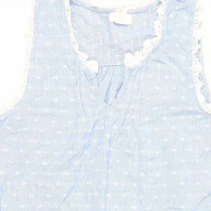 Shabby Chic Womens Blue Geometric Cotton Shift Size L V-Neck Pullover - Crocheted Lace Detail