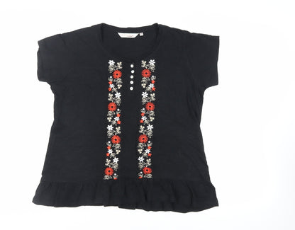 EWM Womens Black Cotton Basic T-Shirt Size 14 Round Neck - Embroidered