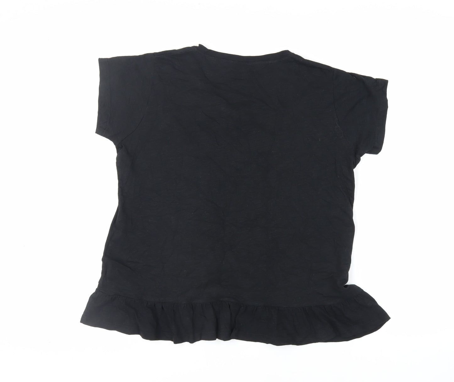 EWM Womens Black Cotton Basic T-Shirt Size 14 Round Neck - Embroidered