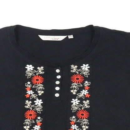 EWM Womens Black Cotton Basic T-Shirt Size 14 Round Neck - Embroidered