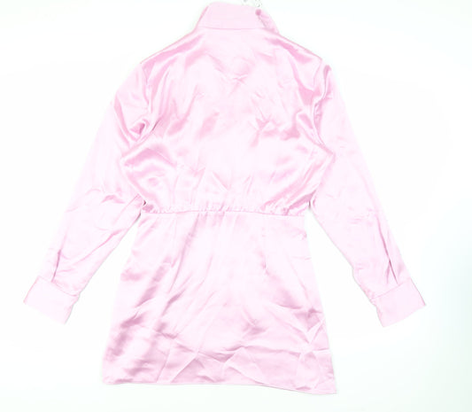 Zara Womens Pink Polyester Shirt Dress Size L Collared Zip