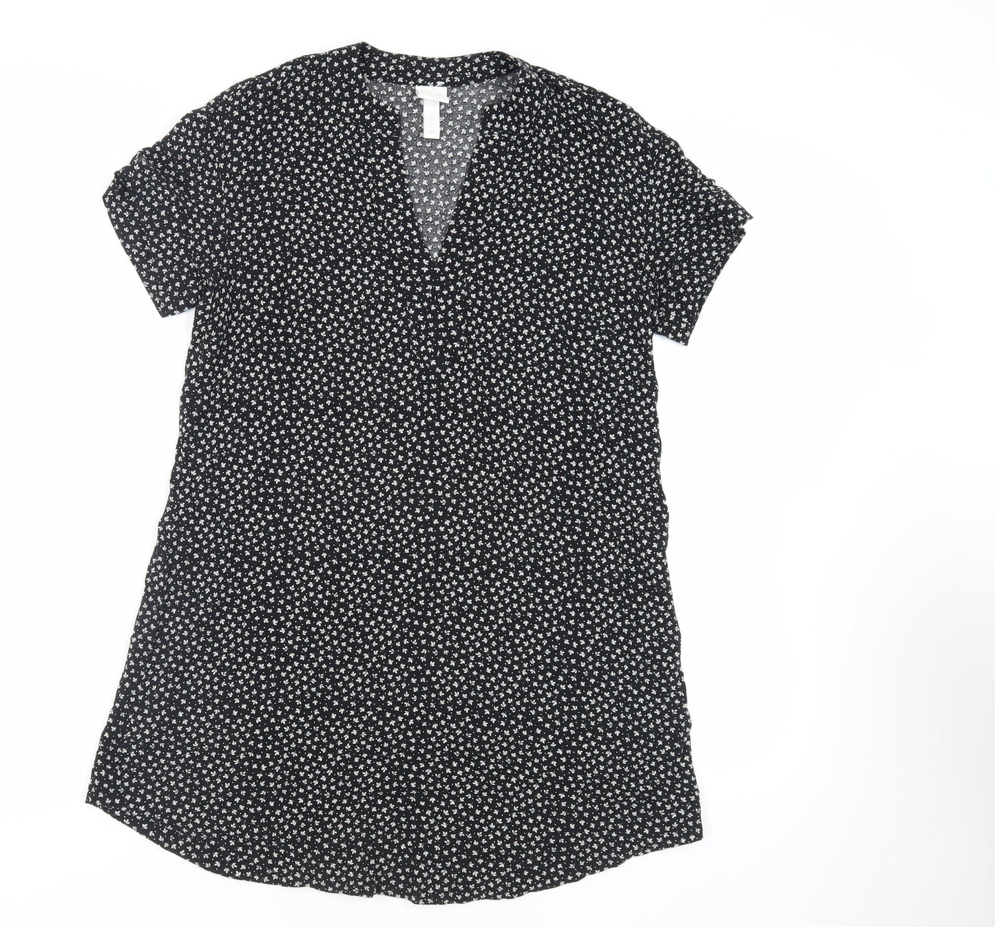 H&M Womens Black Floral Viscose A-Line Size 4 V-Neck Button