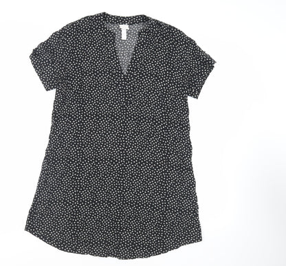 H&M Womens Black Floral Viscose A-Line Size 4 V-Neck Button