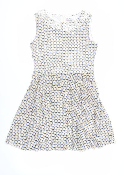 Shikka London Womens Beige Geometric Polyester Fit & Flare Size 10 Collared Zip