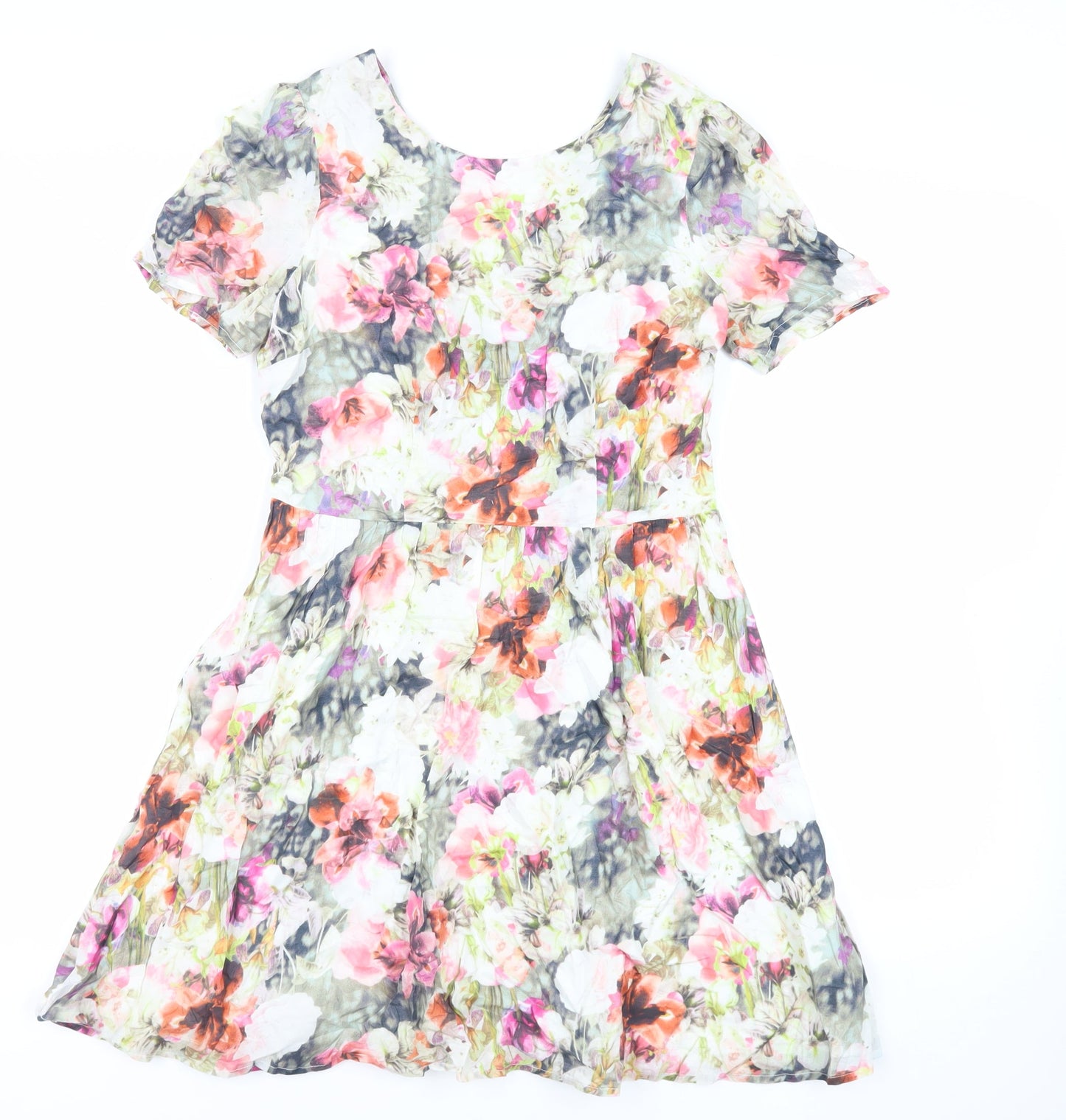 Oasis Womens Multicoloured Floral Cotton Fit & Flare Size 10 Boat Neck Zip - Cut Out Detail