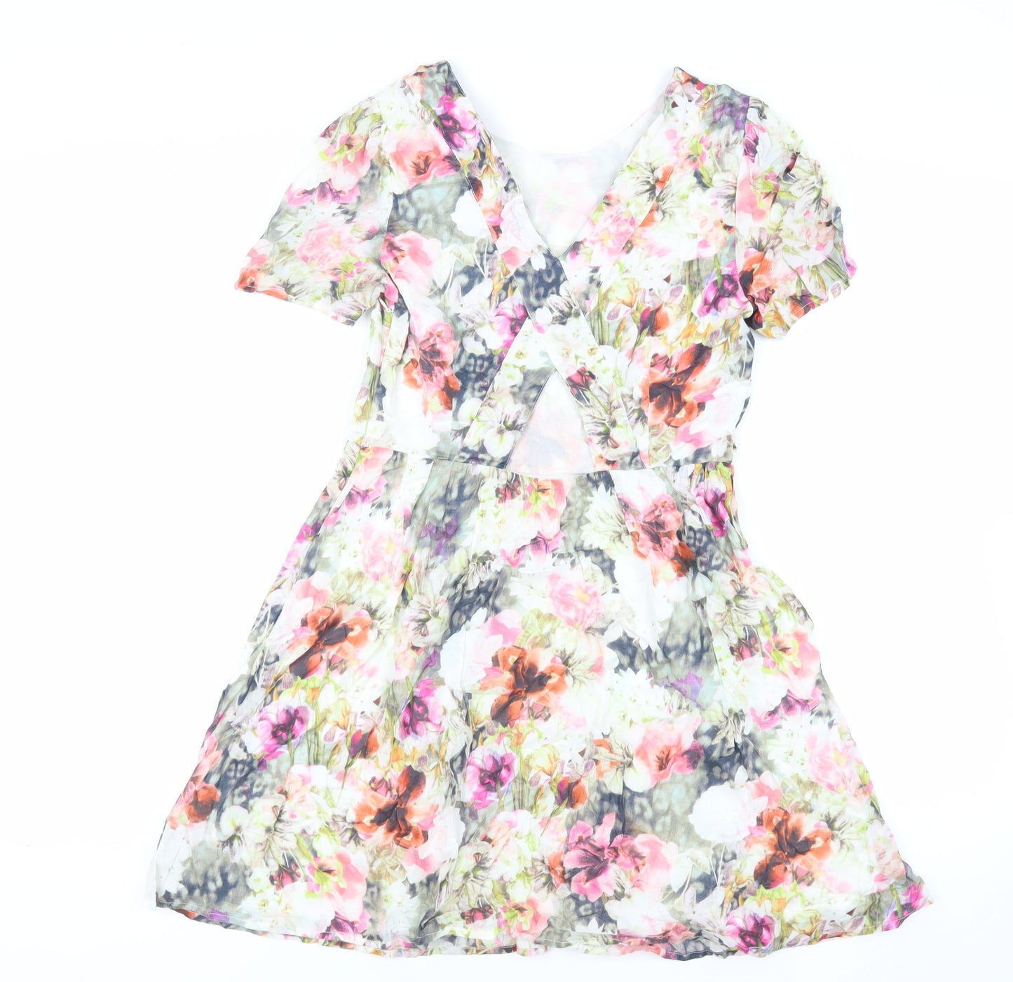 Oasis Womens Multicoloured Floral Cotton Fit & Flare Size 10 Boat Neck Zip - Cut Out Detail