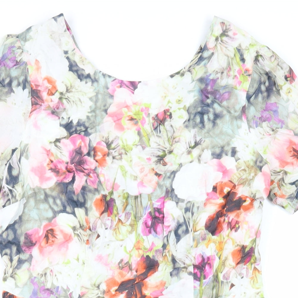 Oasis Womens Multicoloured Floral Cotton Fit & Flare Size 10 Boat Neck Zip - Cut Out Detail