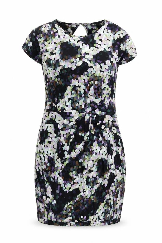 Warehouse Womens Black Geometric Viscose Mini Size 8 Round Neck Button