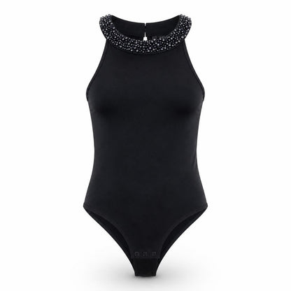 Forever New Womens Black Cotton Bodysuit One-Piece Size 6 Snap - Beaded Neckline