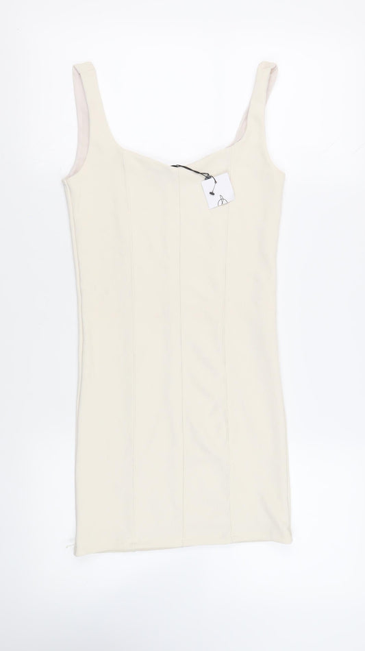 Stradivarius Womens Ivory Polyester Tank Dress Size S Scoop Neck Pullover - Ribbed