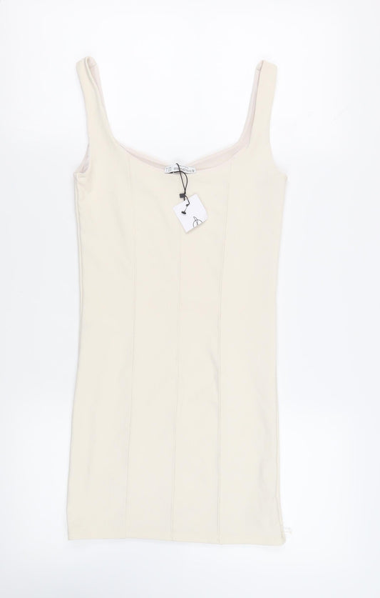 Stradivarius Womens Ivory Polyester Tank Dress Size S Scoop Neck Pullover - Ribbed