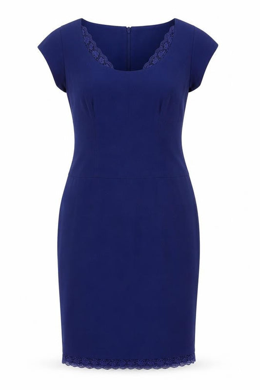 Preen Womens Blue Polyester Pencil Dress Size 14 Round Neck Zip - Lace Trim