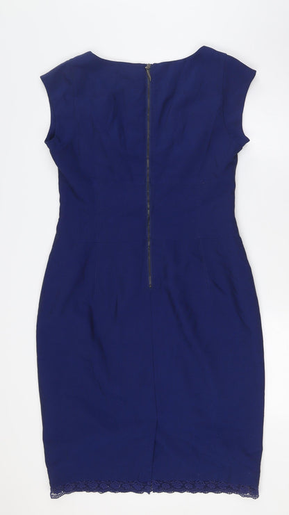 Preen Womens Blue Polyester Pencil Dress Size 14 Round Neck Zip - Lace Trim