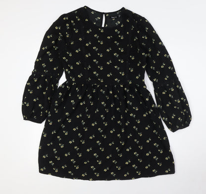 Boohoo Womens Black Floral Polyester A-Line Size 12 Round Neck Zip - Lace Detail