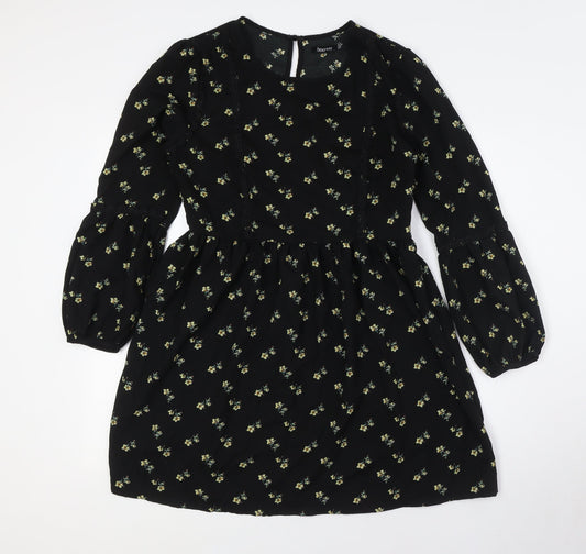 Boohoo Womens Black Floral Polyester A-Line Size 12 Round Neck Zip - Lace Detail