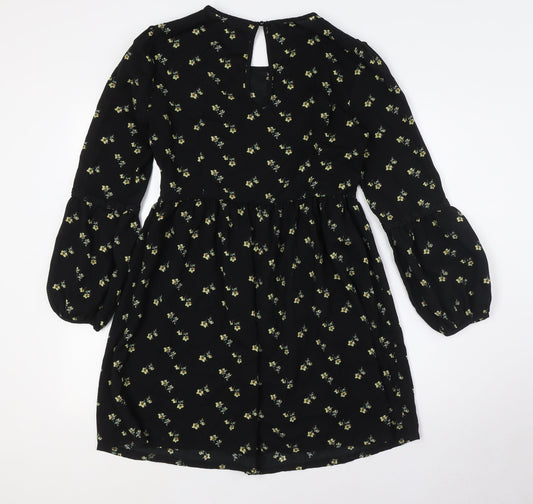 Boohoo Womens Black Floral Polyester A-Line Size 12 Round Neck Zip - Lace Detail
