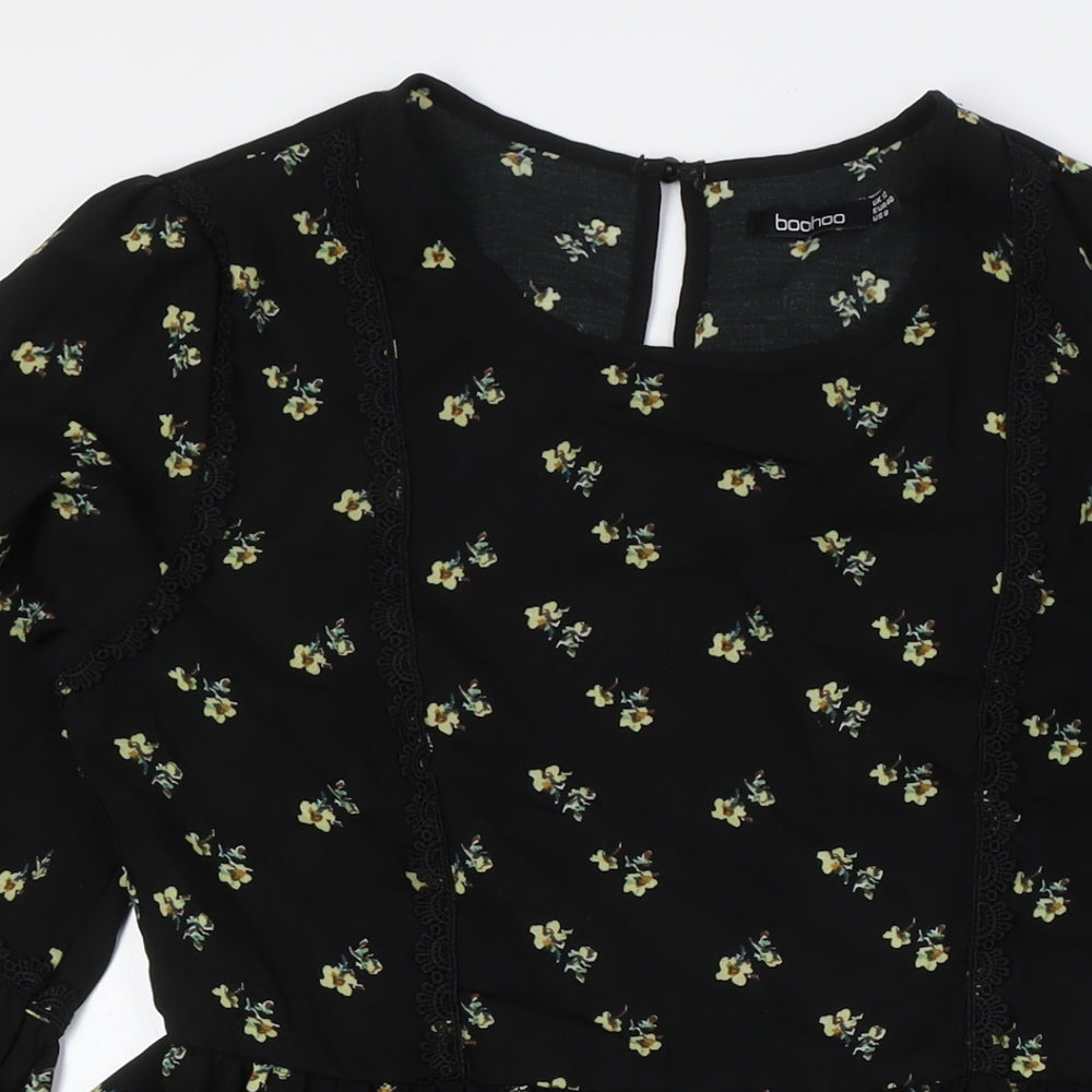 Boohoo Womens Black Floral Polyester A-Line Size 12 Round Neck Zip - Lace Detail