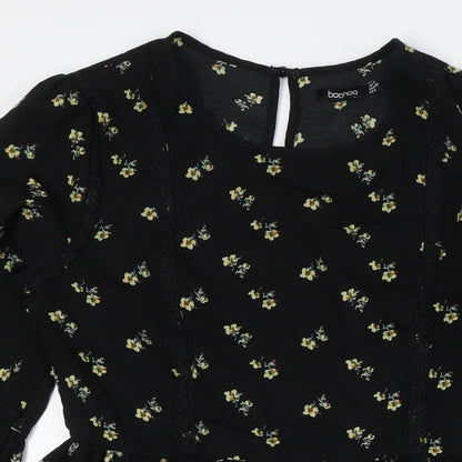 Boohoo Womens Black Floral Polyester A-Line Size 12 Round Neck Zip - Lace Detail
