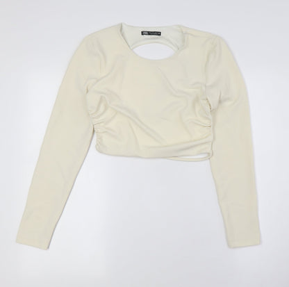 Womens UK Size M Zara Ivory Cropped Button-Up