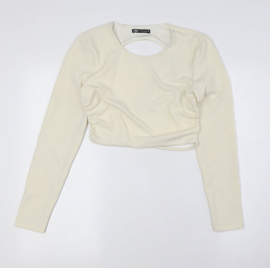 Womens UK Size M Zara Ivory Cropped Button-Up