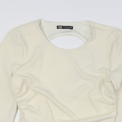 Womens UK Size M Zara Ivory Cropped Button-Up