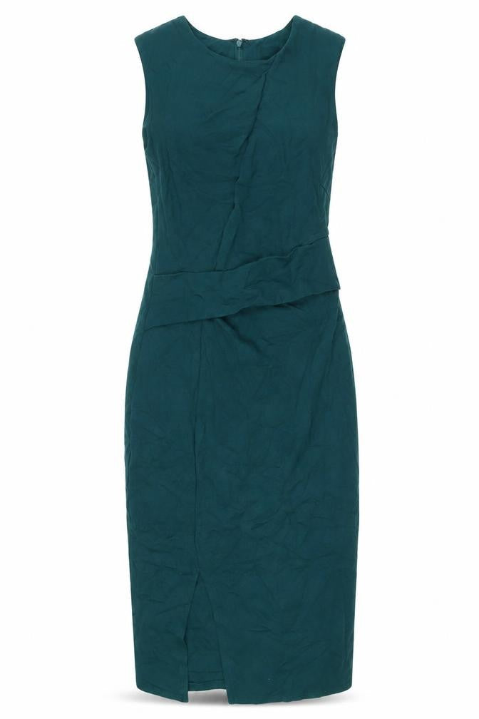 Front view of ASOS women’s green viscose pencil dress, size UK 10, round neck zip