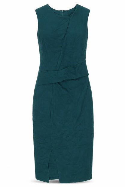 Front view of ASOS women’s green viscose pencil dress, size UK 10, round neck zip