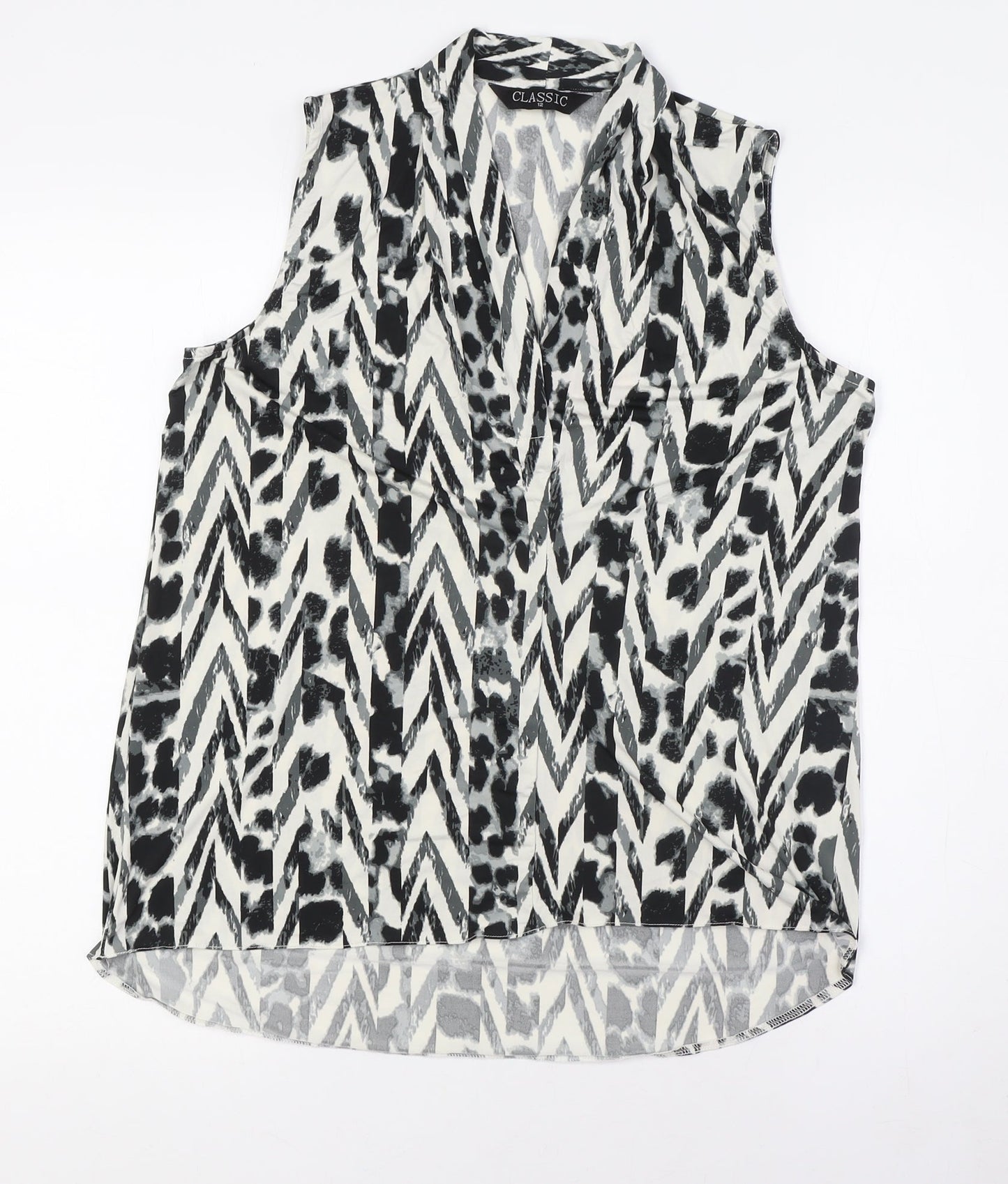 Classic Womens White Animal Print Polyester Basic Button-Up Size 12 V-Neck