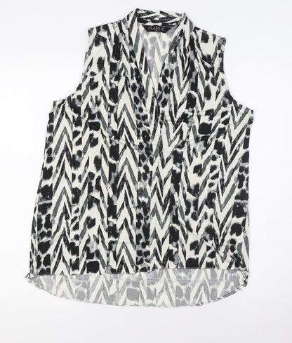 Classic Womens White Animal Print Polyester Basic Button-Up Size 12 V-Neck