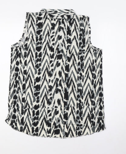 Classic Womens White Animal Print Polyester Basic Button-Up Size 12 V-Neck