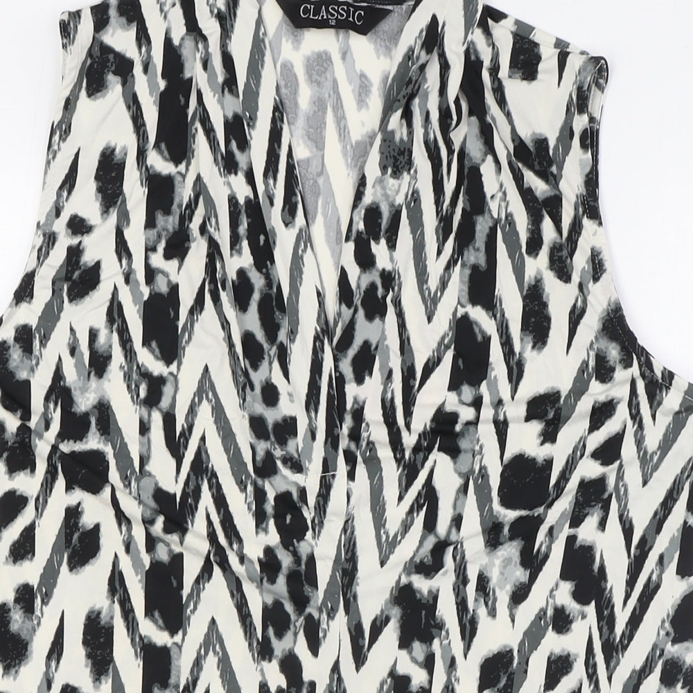 Classic Womens White Animal Print Polyester Basic Button-Up Size 12 V-Neck