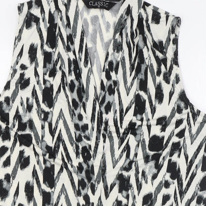Classic Womens White Animal Print Polyester Basic Button-Up Size 12 V-Neck