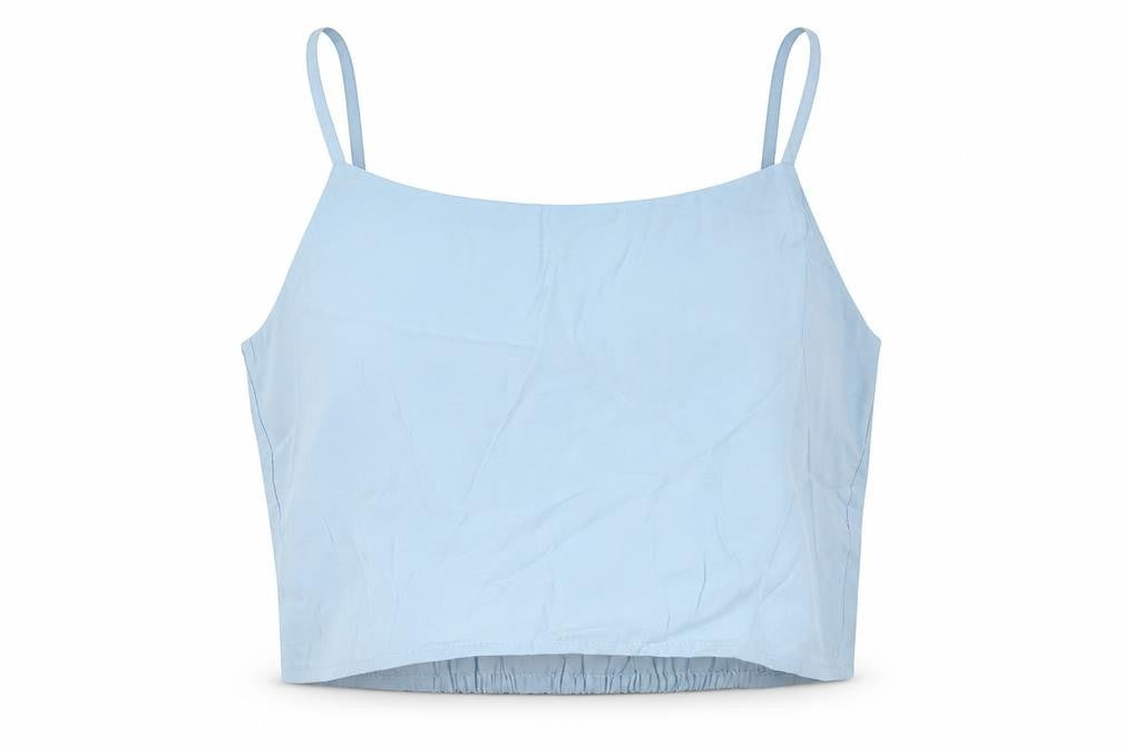 Front view of Zara girls’ blue modal cropped button-up, size 13-14, years scoop neck