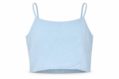 Front view of Zara girls’ blue modal cropped button-up, size 13-14, years scoop neck