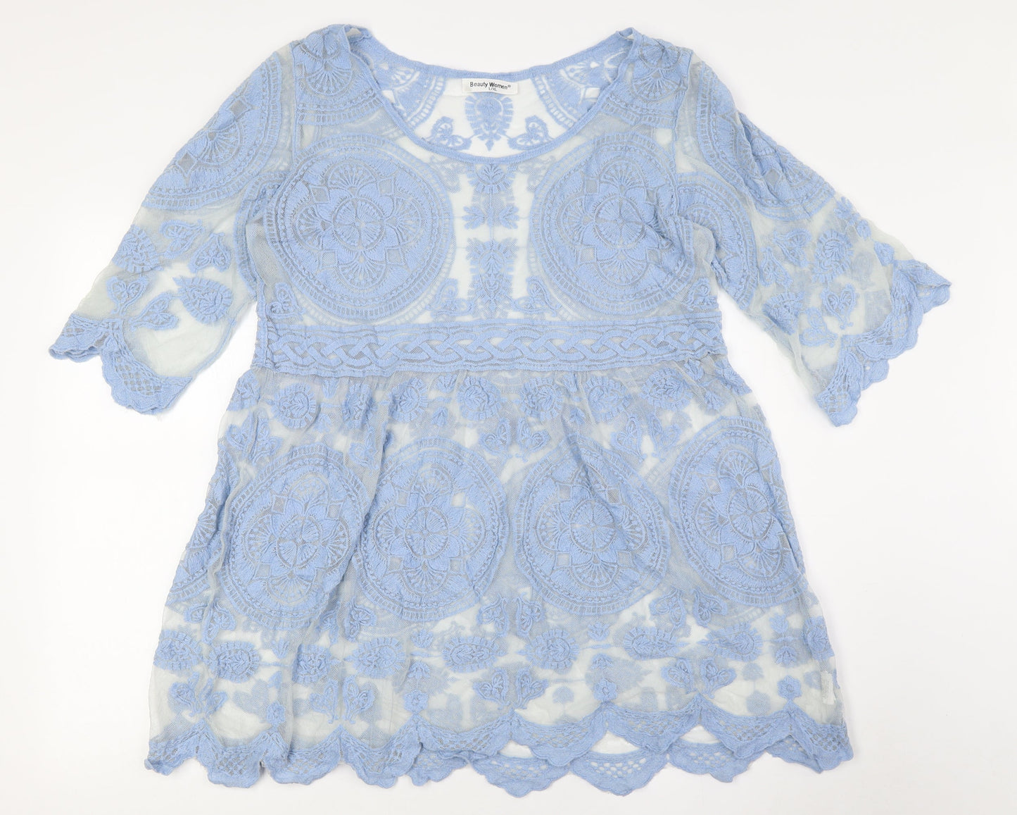 Beaty Woman Womens Blue Cotton Tunic Button-Up Size XL Round Neck - Sheer