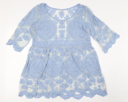 Beaty Woman Womens Blue Cotton Tunic Button-Up Size XL Round Neck - Sheer