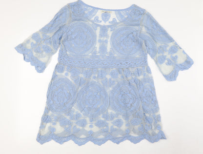 Beaty Woman Womens Blue Cotton Tunic Button-Up Size XL Round Neck - Sheer