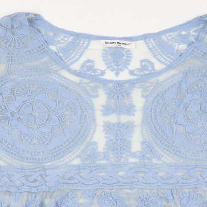 Beaty Woman Womens Blue Cotton Tunic Button-Up Size XL Round Neck - Sheer