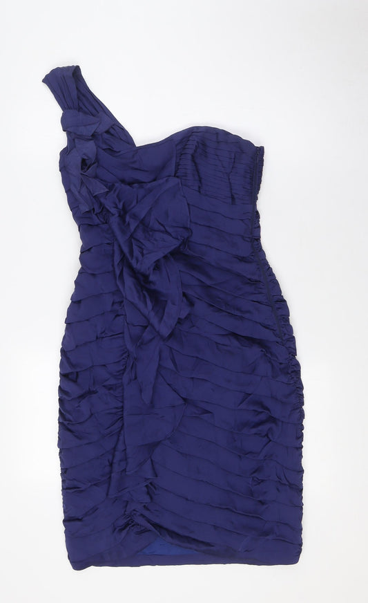 Coast Womens Blue Silk Pencil Dress Size 8 One Shoulder Zip