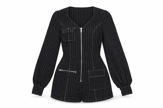 Front view of Missguided women’s black striped polyester playsuit one-piece, size UK 6, - zip pocket