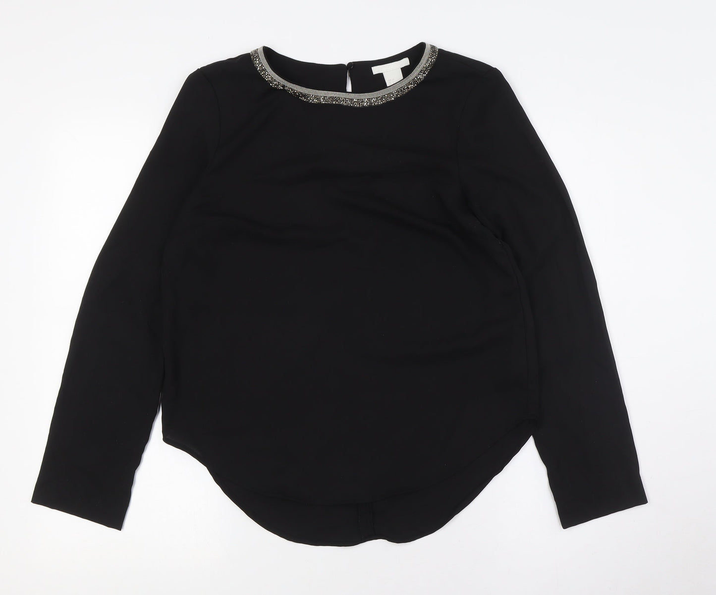 H&M Womens Black Polyester Basic Button-Up Size 6 Round Neck - Embellished Collar