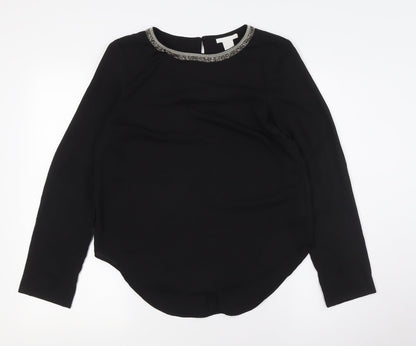H&M Womens Black Polyester Basic Button-Up Size 6 Round Neck - Embellished Collar