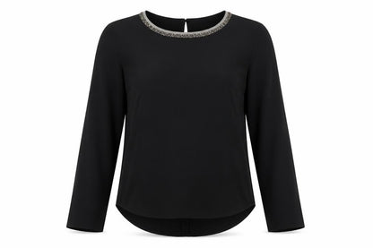 H&M Womens Black Polyester Basic Button-Up Size 6 Round Neck - Embellished Collar