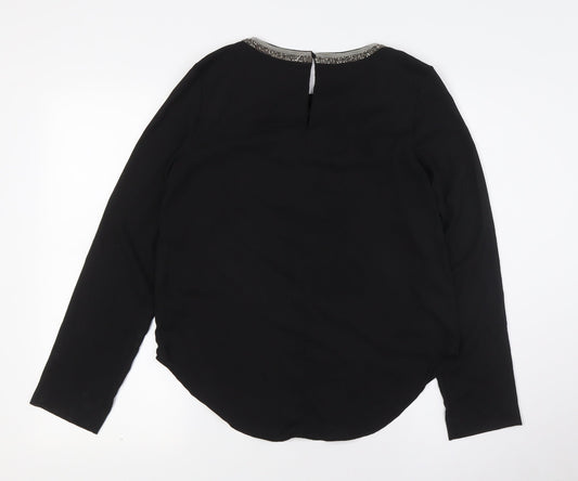 H&M Womens Black Polyester Basic Button-Up Size 6 Round Neck - Embellished Collar