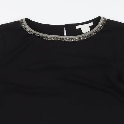 H&M Womens Black Polyester Basic Button-Up Size 6 Round Neck - Embellished Collar