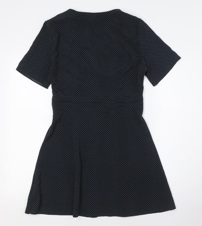 Topshop Womens Black Plaid Polyester A-Line Size 10 V-Neck Button