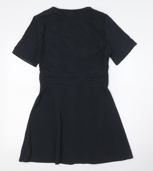 Topshop Womens Black Plaid Polyester A-Line Size 10 V-Neck Button