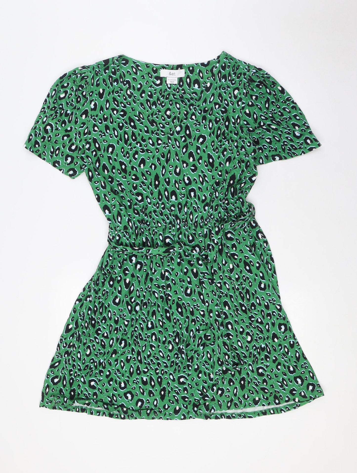 &et Womens Green Animal Print Viscose A-Line Size 12 V-Neck